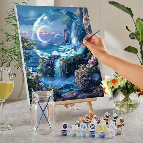 MaiMMaledy Paint by Numbers Kit for Adults Beginners Canvas Pictures with Framed Drawing Painting Acrylic Pigment with Wooden Triangle Easel Waterfall Night View 8Wx12L inch - Image 2