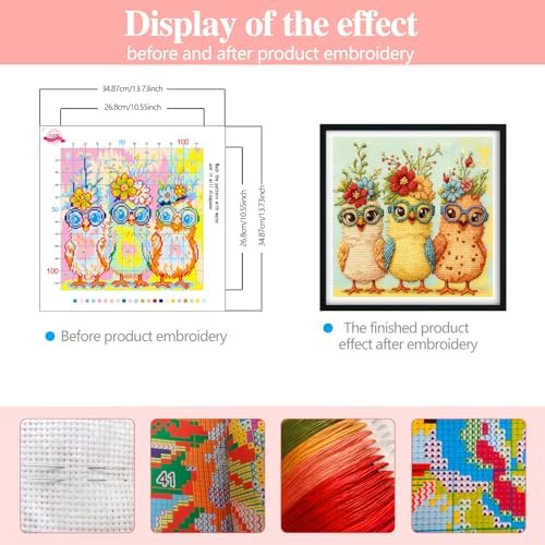 Zhenqing Modern Chicks Cross Stitch Kit - 11CT Pre-Printed 35x35cm Fabric with Threads & Needle (Hipster Chicken Design)(70010) - Image 2