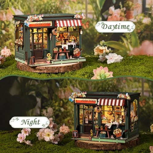 DIY Book Nook Kit with LED Light, Miniature Dollhouse, 3D Wooden Puzzle, Bookshelf Insert Decor Craft Gift (Flower House) - Image 4