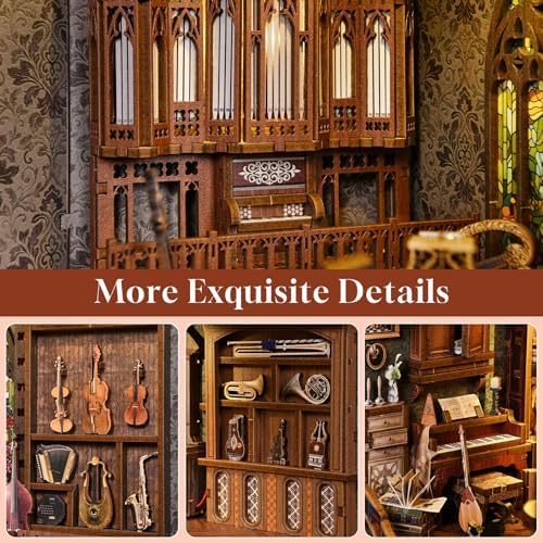 fifijoy Timeless Melody Book Nook - DIY Miniature Dollhouse Music Kit for Adults, 3D Wooden Puzzle Bookends Bookshelf Insert Decor with LED Light, Gifts for Family, Friends - Image 3