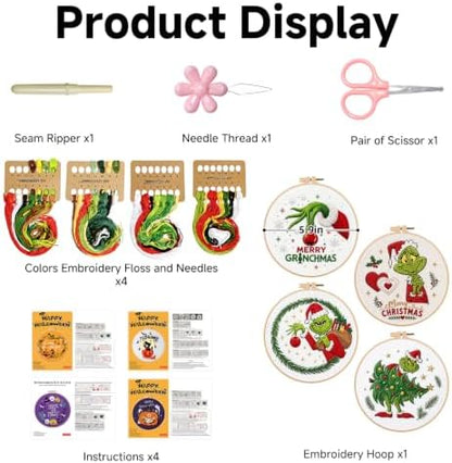 BBLYBD Christmas Embroidery Kit, 4 Set Embroidery Starter Kit, Cross Stitch Kits with Pre-Printed Embroidery Fabric, Hoops, Step-by-Step Instructions, Color Threads & Needles (Christmas02-4 Set) - Image 2