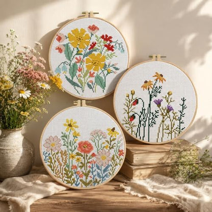3 Pack Stamped Cross Stitch Kits for Beginners-Wild Flowers,with Hoop - Image 3