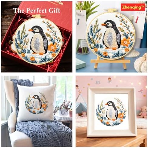 Zhenqing Penguin Embroidery Kit for Beginners, Cute Penguin Needlework Craft with Pre-Printed Cotton Fabric, Hoop, Threads & Tools, Animal Decor (C0070) - Image 6