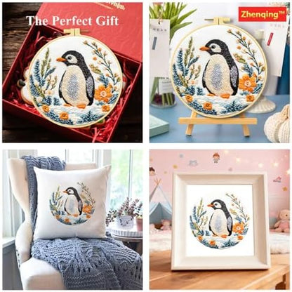 Zhenqing Penguin Embroidery Kit for Beginners, Cute Penguin Needlework Craft with Pre-Printed Cotton Fabric, Hoop, Threads & Tools, Animal Decor (C0070) - Image 6