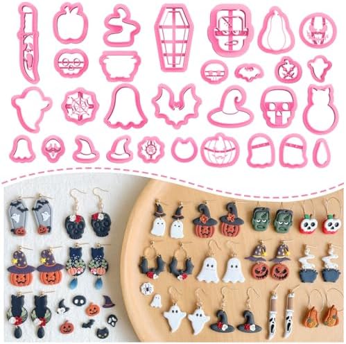 Keoker Halloween Polymer Clay Cutters, Polymer Clay Cutters Halloween, 30 Shapes Halloween Clay Cutters for Earrings, Pumpkin Clay Cutters for Polymer Clay Jewelry, Mini Clay Cutters by Keoker