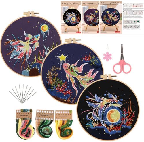 Konrisa Stamped Embroidery Kit for Adults, 3 Set Elegant Goldfish DIY Sewing Needlepoint Cross Stitch Kit with Embroidery Floss,Hoops,Color Thread,Needle,1 pc Hoop by Konrisa