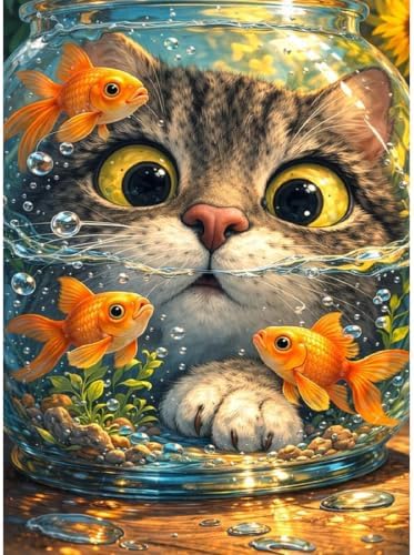 Cat Goldfish Paint by Numbers Kit for Adults Framed Canvas, Frameworkless by FairylandJinWenn