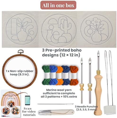 Zyrose Punch Needle Kit for Beginners – Modern Embroidery Kit with Printed Fabric, Non-Slip Hoop, Merino Yarn, 3 Needles – Boho Craft Kit for Adults & DIY Gifts (Boho Abstract) - Image 2