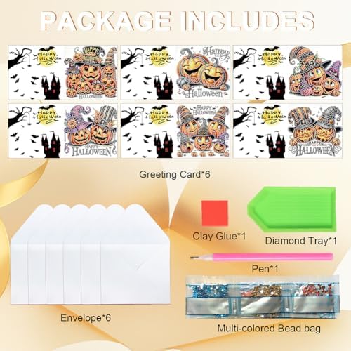 jinglinhh 6pcs Diamond Art Painting Happy Halloween Pumpkin Witch Hat Greeting Cards with Envelopes, DIY Card Making Kits for Adults, Diamond Art Postcards Holiday Cards Craft Gifts - Image 3