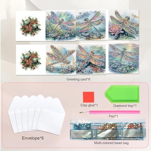 JISHSHAY 6 PCS Diamond Art Greeting Cards Dragonfly Diamond Painting Birthday Cards Animal Gem Art Gem Painting Mosaic Kits for Adults for Thanksgiving Anniversary Valentine Graduation All-Occasion - Image 3