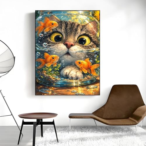 Cat Goldfish Paint by Numbers Kit for Adults Framed Canvas, Frameworkless - Image 5