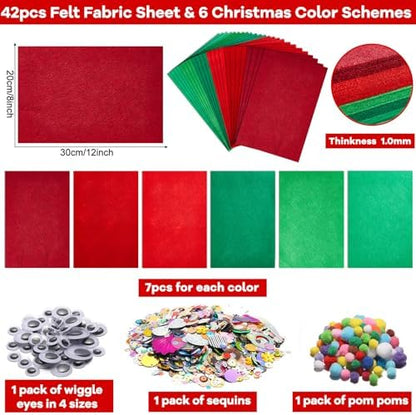gisgfim 42Pcs Red and Green Gradient Felt Fabric Sheets 8 x 12 Inch Soft Thick Christmas Xmas Felt Pack with Wiggle Google Eye Pom Pom Glitter Patchwork Craft for DIY Sewing Creative Art Project Decor - Image 2