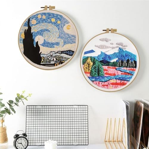 Esffaci Embroidery Starter Kit for Adult Beginner with Mountain Landscape Tree Flower Scenery Pattern Hand Embroidery Set with Embroidery Cloth Floss Hoop Needle Threader and Instruction - Image 5