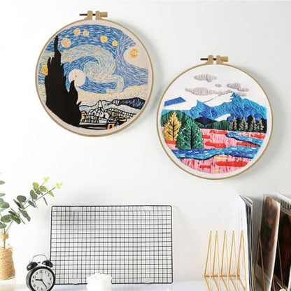 Esffaci Embroidery Starter Kit for Adult Beginner with Mountain Landscape Tree Flower Scenery Pattern Hand Embroidery Set with Embroidery Cloth Floss Hoop Needle Threader and Instruction - Image 5