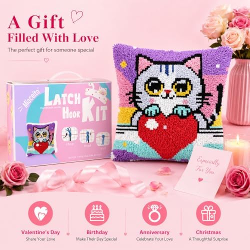 Miaceito PrePrinted Colorful Cat Latch Hook Pillow Kit for Adults Beginners - Image 2