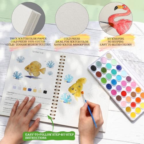Landhoow 3 Pcs Watercolor Workbooks for Beginner with 36color Paint Brush - Image 3