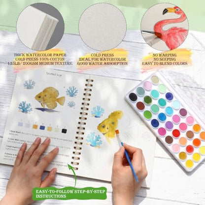 Landhoow 3 Pcs Watercolor Workbooks for Beginner with 36color Paint Brush - Image 3