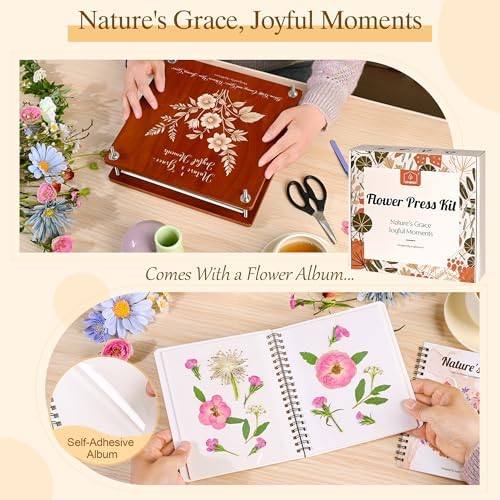 Joy&Grace Large Flower Press Kit for Adults with Designed Cover and DIY Album, 10.9" x 10.9" 10 Layers Plant Press and Plant Drying Toolkit, Flower Preservation Kit (Color Box, Mahogany Color) - Image 6