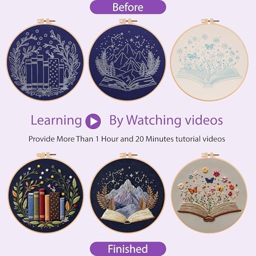 Uniartfy 3 Pack Embroidery Starter Kit, Stamped Book Flower Mountain Butterfly Cross Stitch Kits for Beginners, Needlepoint Kits Adults with Embroidery Hoop and Instructions, Hand Embroidery Kit - Image 4