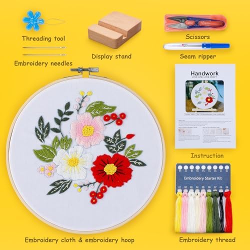 BERYA Embroidery Kit for Beginners, Flowers and Leaves Embroidery Practice Kit, Hand Floral Embroidery Starter Kit for Adults with Video Step by Step Instructions, Hoops, Threads and Needles (BEF011) - Image 2