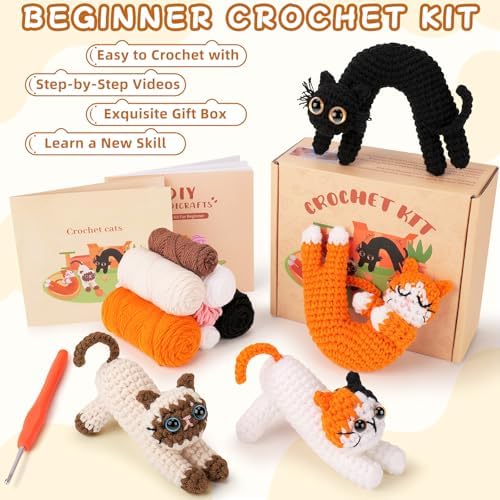 Crochet Kit for Beginners - 4 PCs Cat Crochet Kits with Step-by-Step Video Tutorials, Beginner Crochet Kit for Adults Kids, Learn to Crochet Animal Kit, Creative Crochet Gift for Cat Lovers - Image 5