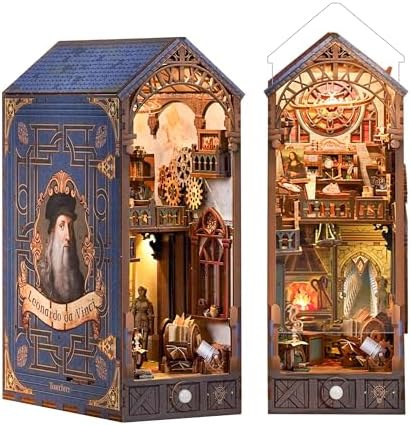 Tonecheer DIY Book Nook Kit for Adults, 3D Puzzle Wooden Miniature House Kit, Booknook Dollhouse Bookshelf Insert Decor Bookend with Dust Cover and LED Lights Gifts (Leonardo da Vinci) by Tonecheer