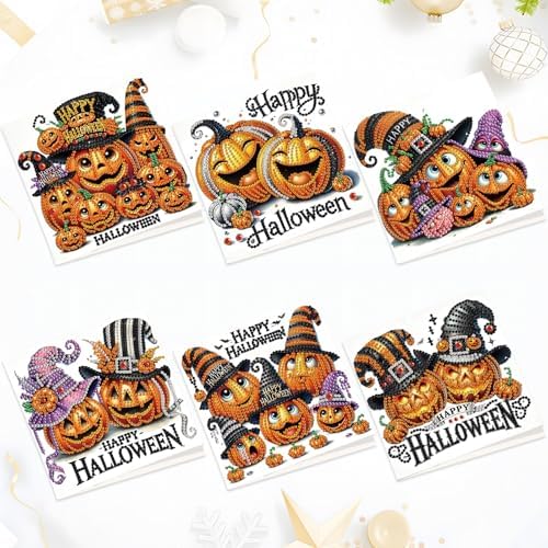 antor 6 Pack Halloween Pumpkin Diamond Painting Card Kits, DIY 5D Rhinestone Halloween Diamond Art Greeting Cards with Envelopes, Handmade Pumpkin Diamond Art Craft Kits for Adults Beginners by antor