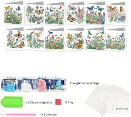 jinglinhh 12pcs Diamond Art Painting Butterfly Among Flowers Greeting Cards with Envelopes, DIY Card Making Kits for Adults, Diamond Art Christmas Cards for Birthday Holiday Gifts - Image 3