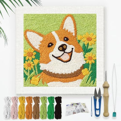 Doodlream Cute Corgi Dog DIY Punch Needle Embroidery Kit for Adult Beginner, 9.4" Cartoon Animal Flower Punch Stitching Craft Set for Starter with Frame,Fabric Pattern,Threader, Yarn, Pinch Needle by Doodlream