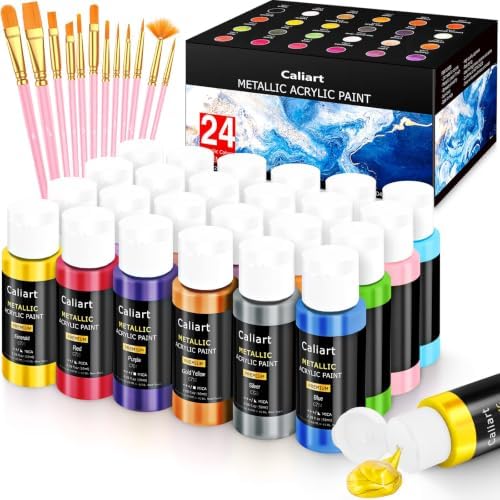 Caliart 24 Colors Metallic Acrylic Paint Set with 12 Brushes by Caliart