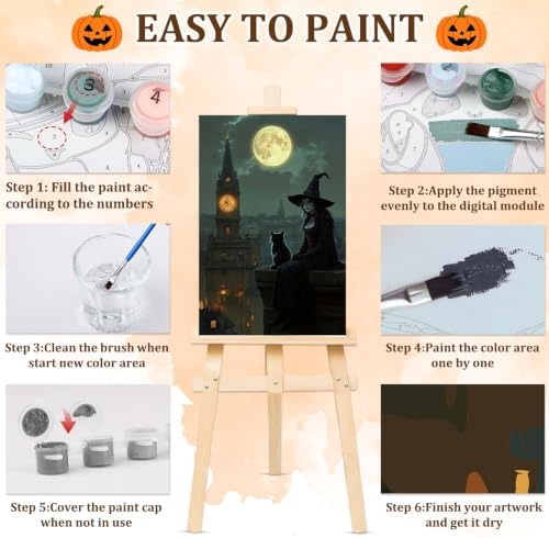 NAIMOER Halloween Paint by Numbers Kits for Adults Beginner with Wooden Framed, Witch Cat Color by Numbers on Canvas Painting Kits for Adults, Easy Paint DIY Acrylic for Home Wall Decor 8X12 Inch - Image 6
