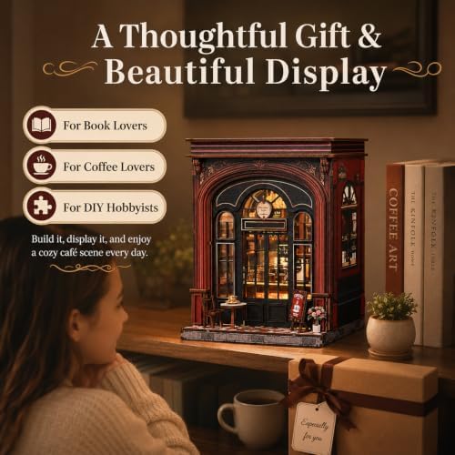 Warmglow Coffee Book Nook Kit for Adults with LED Light, 3D Wooden Puzzle - Image 4