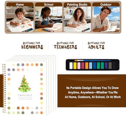 Watercolor Workbook for Adults, Beginner Friendly Watercolor Painting Kit Christmas Water Coloring Book, Nature-Themed Practice Art Gift Water Color Paint Book with Palette and Brush - Image 2