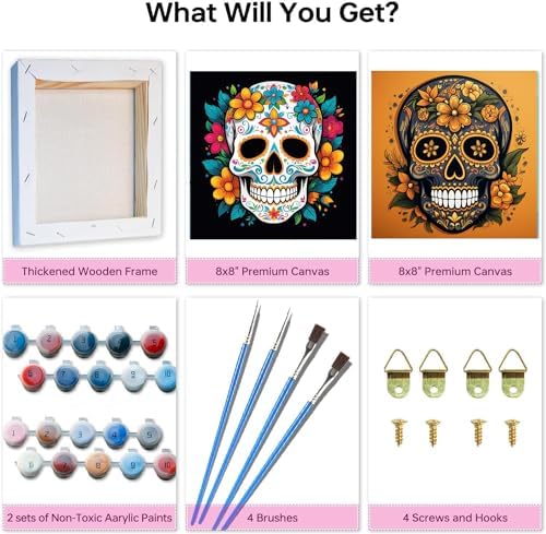 KYOQFVN Skull Paint by Numbers Kit for Adults - 2 Pack Halloween Number Painting for Adults - Acrylic Easy Horror Skeleton Painting by Numbers with Frame - Adult Paint by Number Kits 8x8inch - Image 5