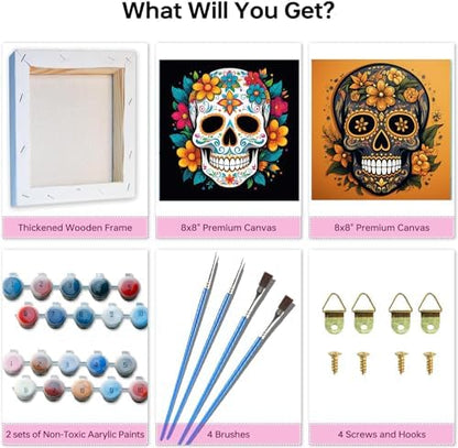 KYOQFVN Skull Paint by Numbers Kit for Adults - 2 Pack Halloween Number Painting for Adults - Acrylic Easy Horror Skeleton Painting by Numbers with Frame - Adult Paint by Number Kits 8x8inch - Image 5