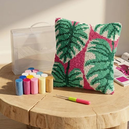 Latch Hook Kits for Adults Beginner,17x17 inch Butterfly Floral DIY Crochet Pillow Cover Kit Pre-Printed Pillowcase Hook and Latch Kit Needlework Cushion Cover for Home Sofa Decor (Monstera Leaf) - Image 2