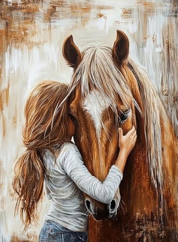 Girl Hugging Chestnut Horse Paint by Numbers Kit for Adults Beginner by YOLENIX