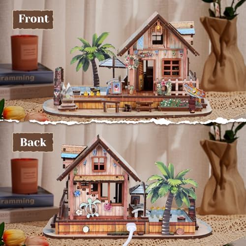 3D Wooden Puzzles for Adult,187pcs Hawaiian Vacation Beach House Kit,DIY Wooden Model Kits with LED Light for Adults-Toy Gifts for Ages 14 and up - Image 2