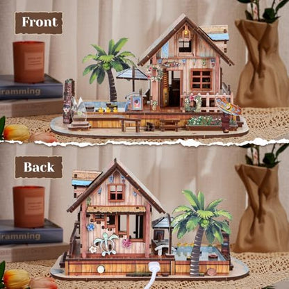 3D Wooden Puzzles for Adult,187pcs Hawaiian Vacation Beach House Kit,DIY Wooden Model Kits with LED Light for Adults-Toy Gifts for Ages 14 and up - Image 2