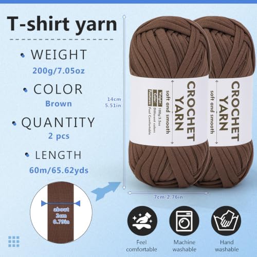 SHWAKK 2 Pack T-Shirt Yarn Set, Brown Knitting Crochet T Shirt Yarn for Crochet Bag/Baskets with Crochet Hook, Elastic Thick Tshirt Yarn Kit for Crocheting, Ribbon Cotton Yarn, Knitting Ball - Image 2