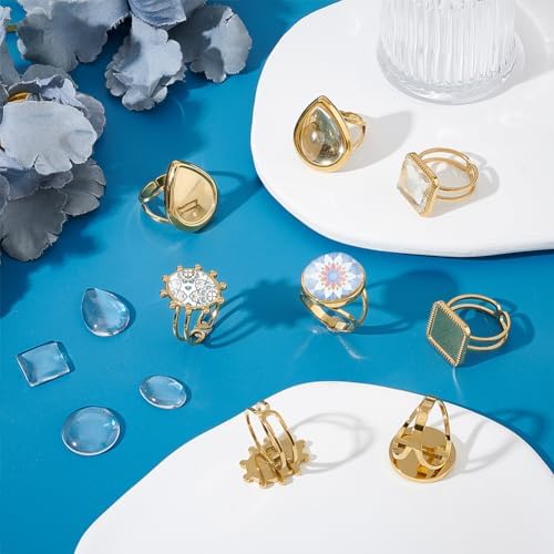 UNICRAFTALE 8Pcs 4 Styles DIY Golden Blank Ring Stainless Steel Open Cuff Ring Making Kit Real 18K Gold Plated with Glass Cabochons Rings 16.9mm Base Ring Bezel Tray for Jewelry Making - Image 2