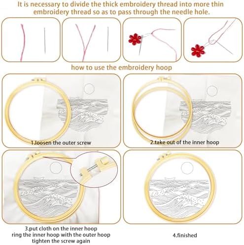 BEUNITONE 6PCS Beginner Embroidery Kit for Adults, Minimalist Black and White Style Pre-Stamped Pattern Needlepoint Kits with Hoops & Instruction, Hand Embroidery Kits for Fabric and Home Decor 7.9" - Image 3