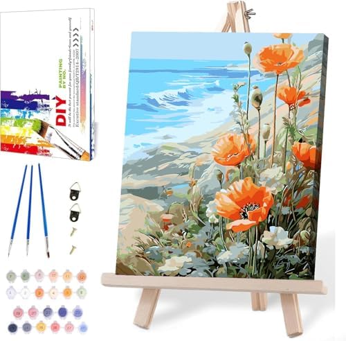 Paint by Numbers for Adults Beginner Flowers,Paint Number Kits Poppies and Daisies Adult,Paint by Number Sea View Adult Paint by Number Kits DIY Oil Painting Kits Gift, 12 x16 Inch（Include Framed） by MIRCVSH