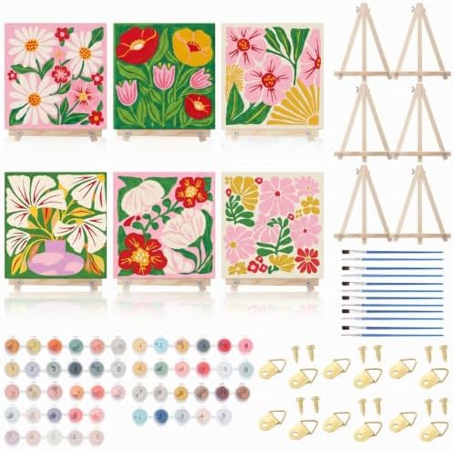 YooNotee 6 Pack Flowers Paint by Numbers Kit on Canvas with Wooden Easels & Brushes, 8x8 Inch Canvas Art Set for Adults DIY Flowers Acrylic Painting for Home Wall Decor by Unknown