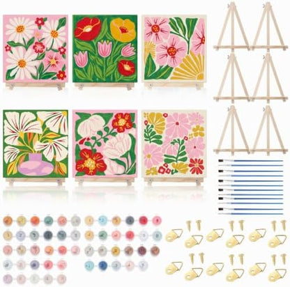 YooNotee 6 Pack Flowers Paint by Numbers Kit on Canvas with Wooden Easels & Brushes, 8x8 Inch Canvas Art Set for Adults DIY Flowers Acrylic Painting for Home Wall Decor by Unknown