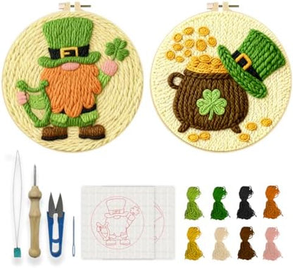 INFUNLY 2 Set St. Patrick's Punch Needle Embroidery Kits for Beginner Adult Gnome DIY Punch Needle Starter Kit for Wall Hanging Clover Needles Stitching Kit with Instruction for Crafts Gift Home Decor by INFUNLY