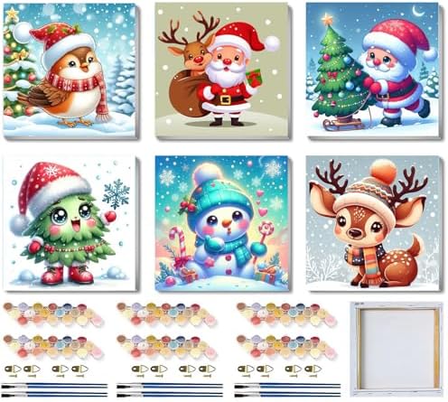 6 Pack Christmas Framed Paint by Numbers for Adults, Easy Acrylic Cartoon Painting by Number Kits on Canvas, Christmas Painting by Numbers Kits, Adults' Paint-by-Number Kits for Home Wall Decor 8x8in by Unknown