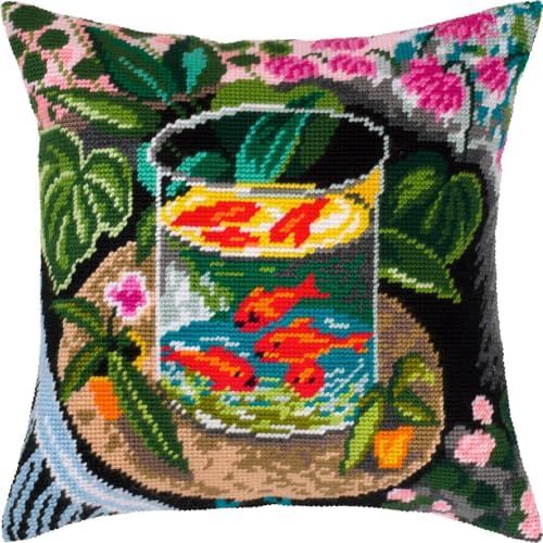 Artistic Stamped Cross-Stitch Kit for Adults and Beginners — Red Fish by Henri Matisse 16″ × 16″ with Clear, Precise Printed Design on Cotton Canvas; Includes 2 Needles, Yarn, and Easy-Read Chart by Brvsk