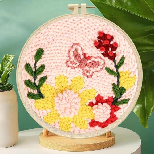 Zhenqing Butterfly & Floral Punch Needle Embroidery Kit | 29x29cm Pink Bloom Design with Hoop & Tools | DIY 3D Textured Wall Art for Beginners(Z95092C) - Image 2