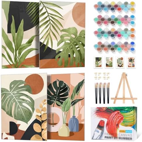 4 Pack Framed Paint by Numbers Kit for Adults with Wooden Easel, Plant by Yezavesu